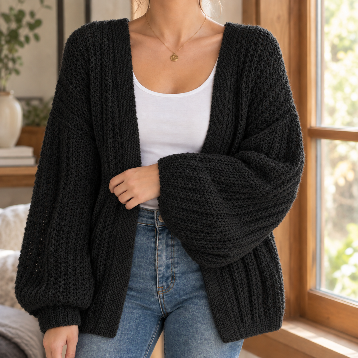 Damen Cardigan mit offener Front und weiten Ärmeln – lässiger Look - 5 - Annoboutique