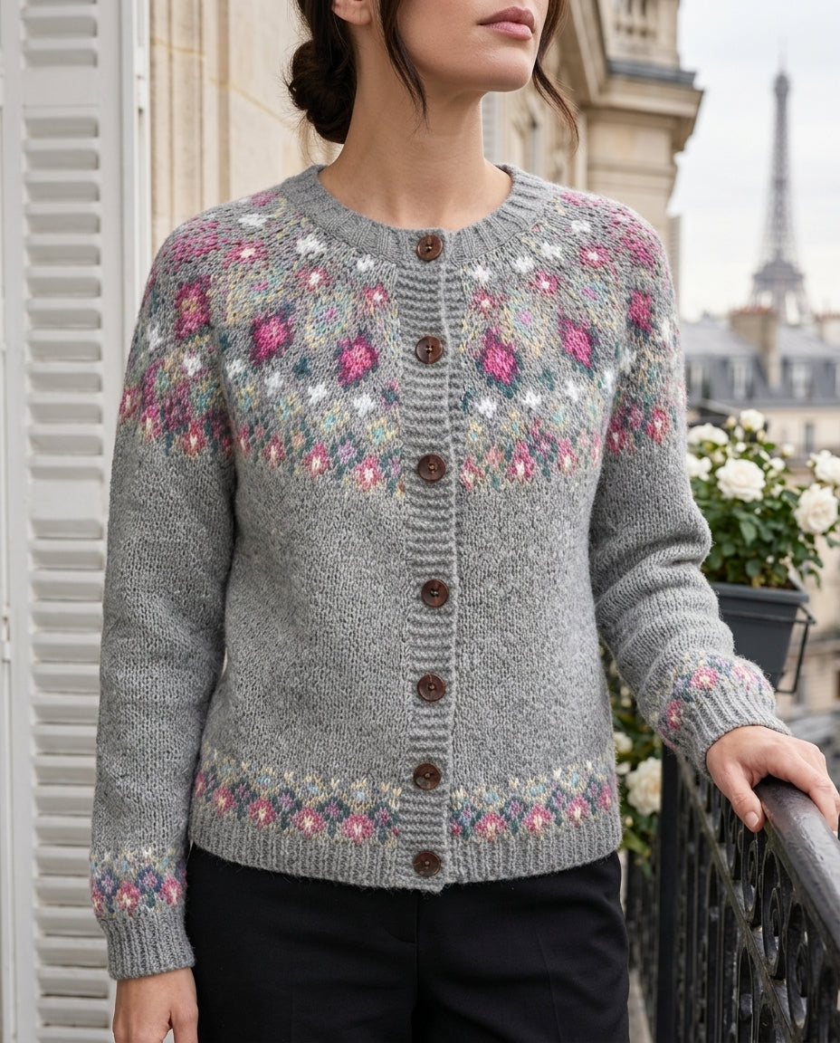 Damen Cardigan mit Knopfverschluss und floralen Details | A&B - 3 - Annoboutique