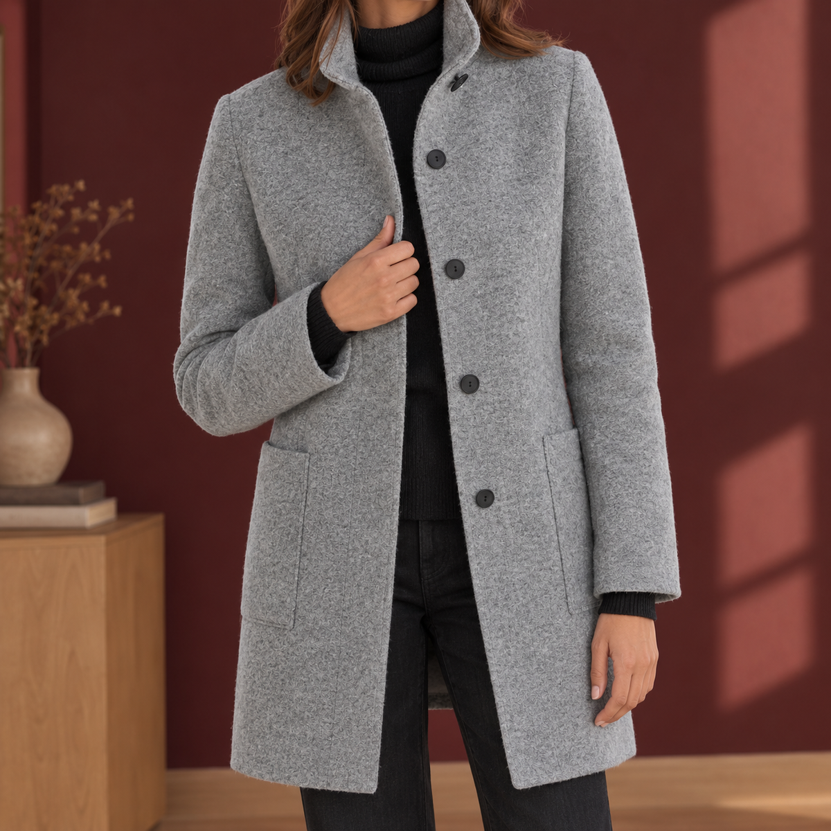 Damenmantel mit geradem Schnitt und Stehkragen + praktische Knopfleiste - 1 - Annoboutique