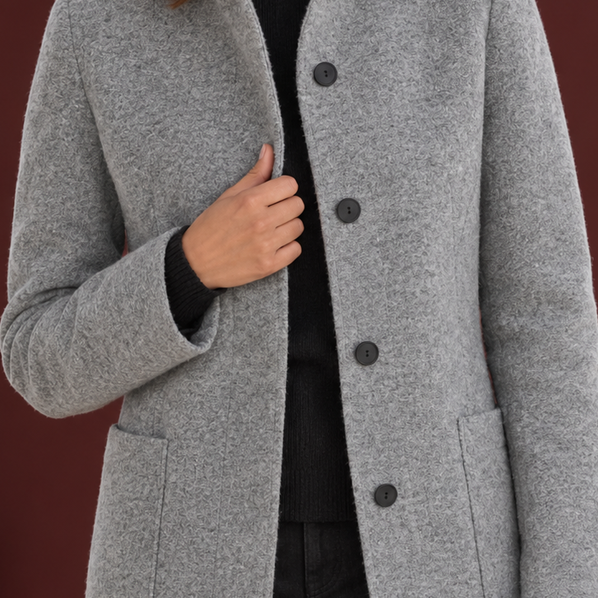 Damenmantel mit geradem Schnitt und Stehkragen + praktische Knopfleiste - 2 - Annoboutique