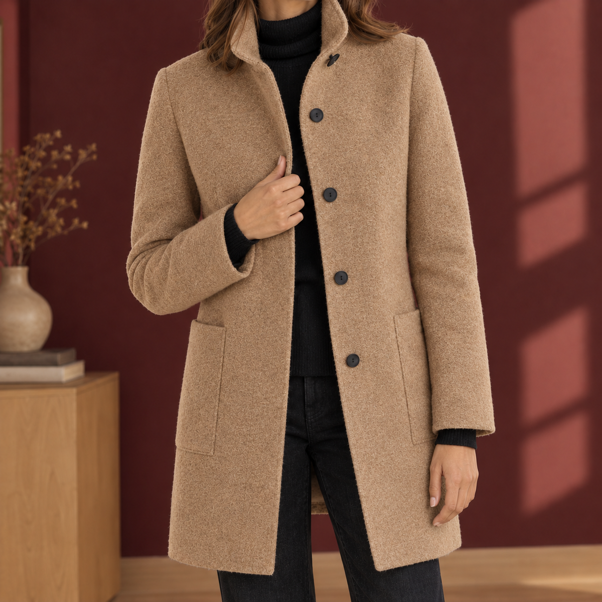 Damenmantel mit geradem Schnitt und Stehkragen + praktische Knopfleiste - 3 - Annoboutique