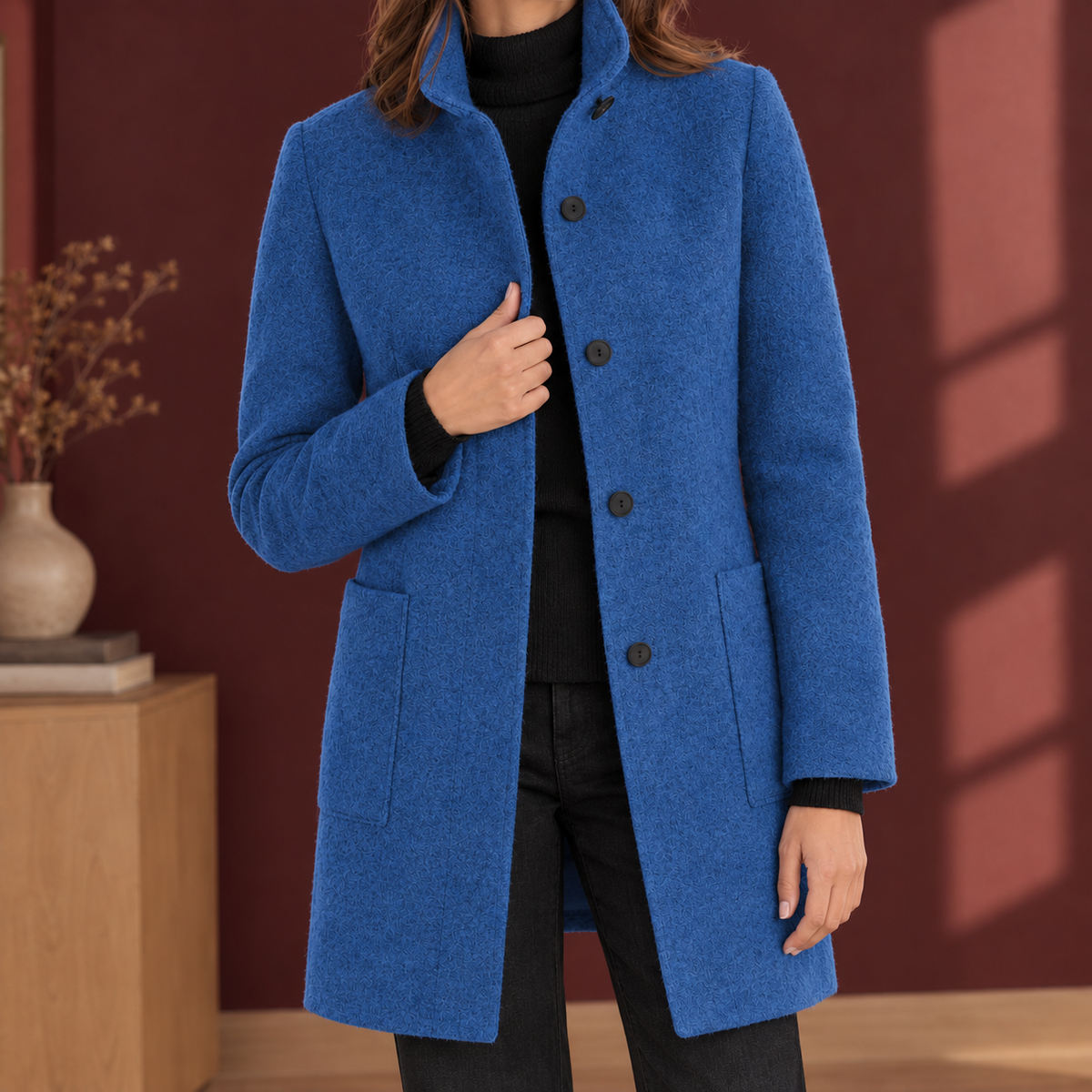 Damenmantel mit geradem Schnitt und Stehkragen + praktische Knopfleiste - 4 - Annoboutique