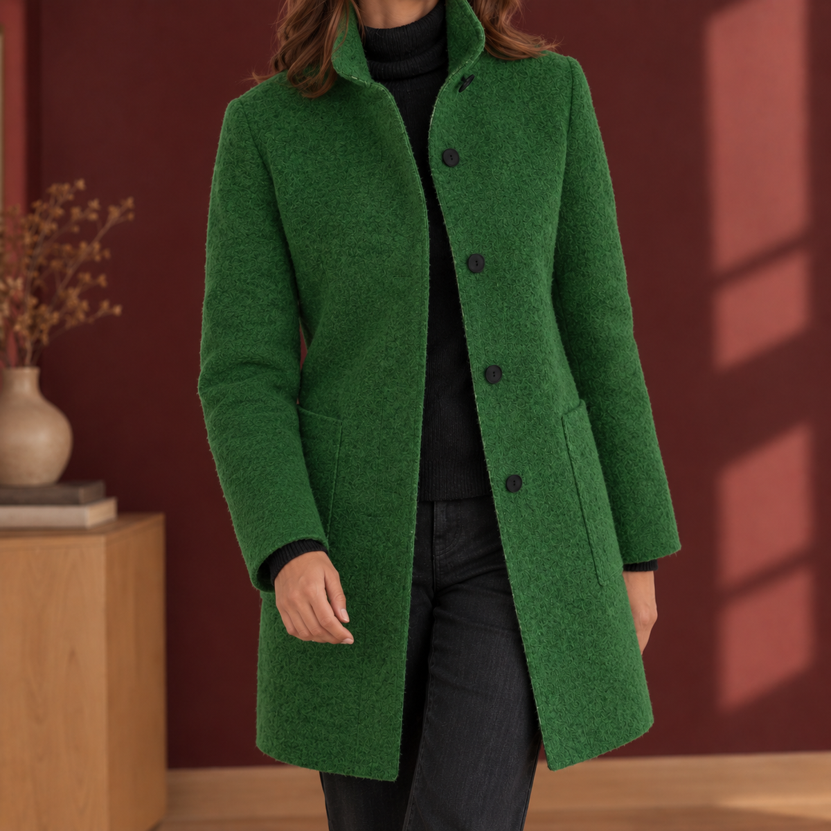 Damenmantel mit geradem Schnitt und Stehkragen + praktische Knopfleiste - 5 - Annoboutique