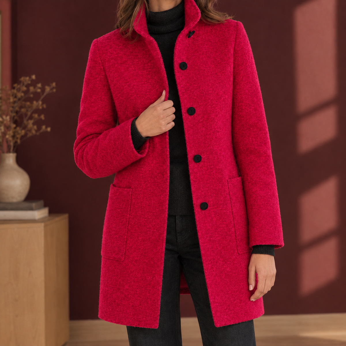 Damenmantel mit geradem Schnitt und Stehkragen + praktische Knopfleiste - 6 - Annoboutique