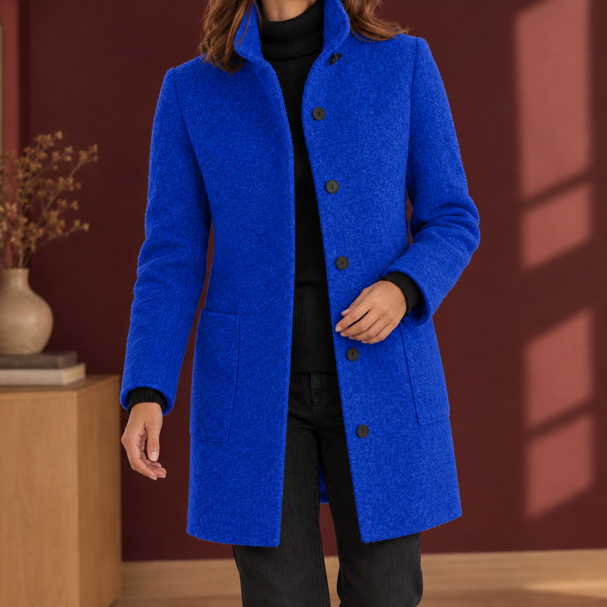 Damenmantel mit geradem Schnitt und Stehkragen + praktische Knopfleiste - 7 - Annoboutique