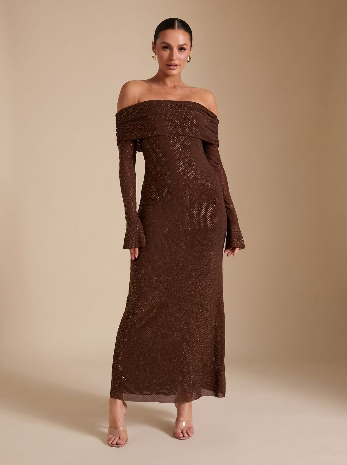 Maxikleid Damen mit schulterfreiem Schnitt und langen Ärmeln für elegante Anlässe - 1 - Annoboutique