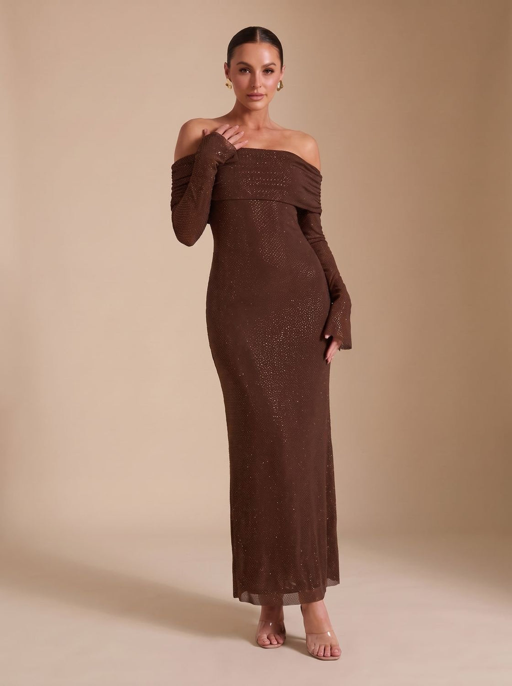 Maxikleid Damen mit schulterfreiem Schnitt und langen Ärmeln für elegante Anlässe - 2 - Annoboutique