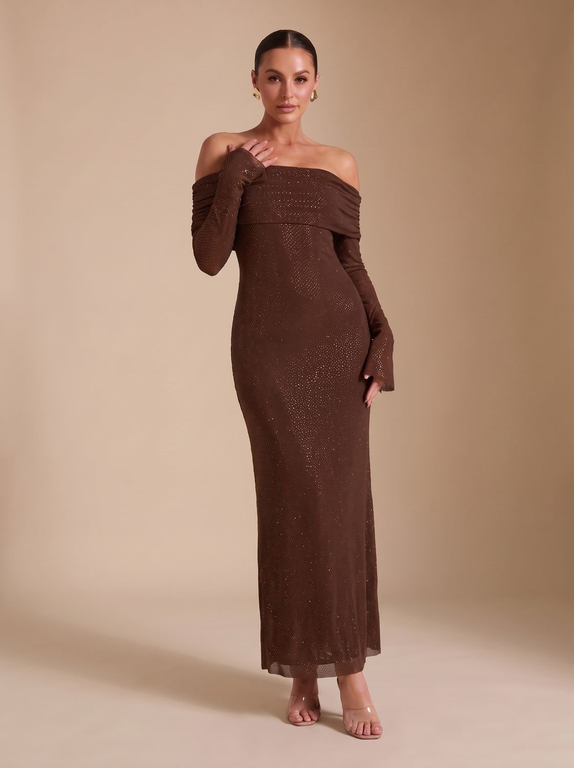 Maxikleid Damen mit schulterfreiem Schnitt und langen Ärmeln für elegante Anlässe - 2 - Annoboutique
