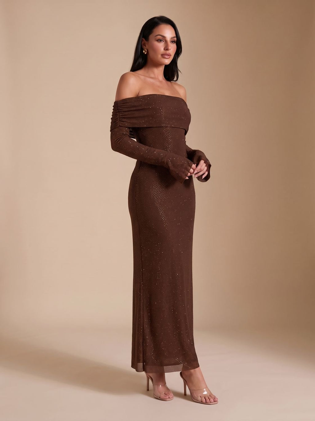 Maxikleid Damen mit schulterfreiem Schnitt und langen Ärmeln für elegante Anlässe - 3 - Annoboutique