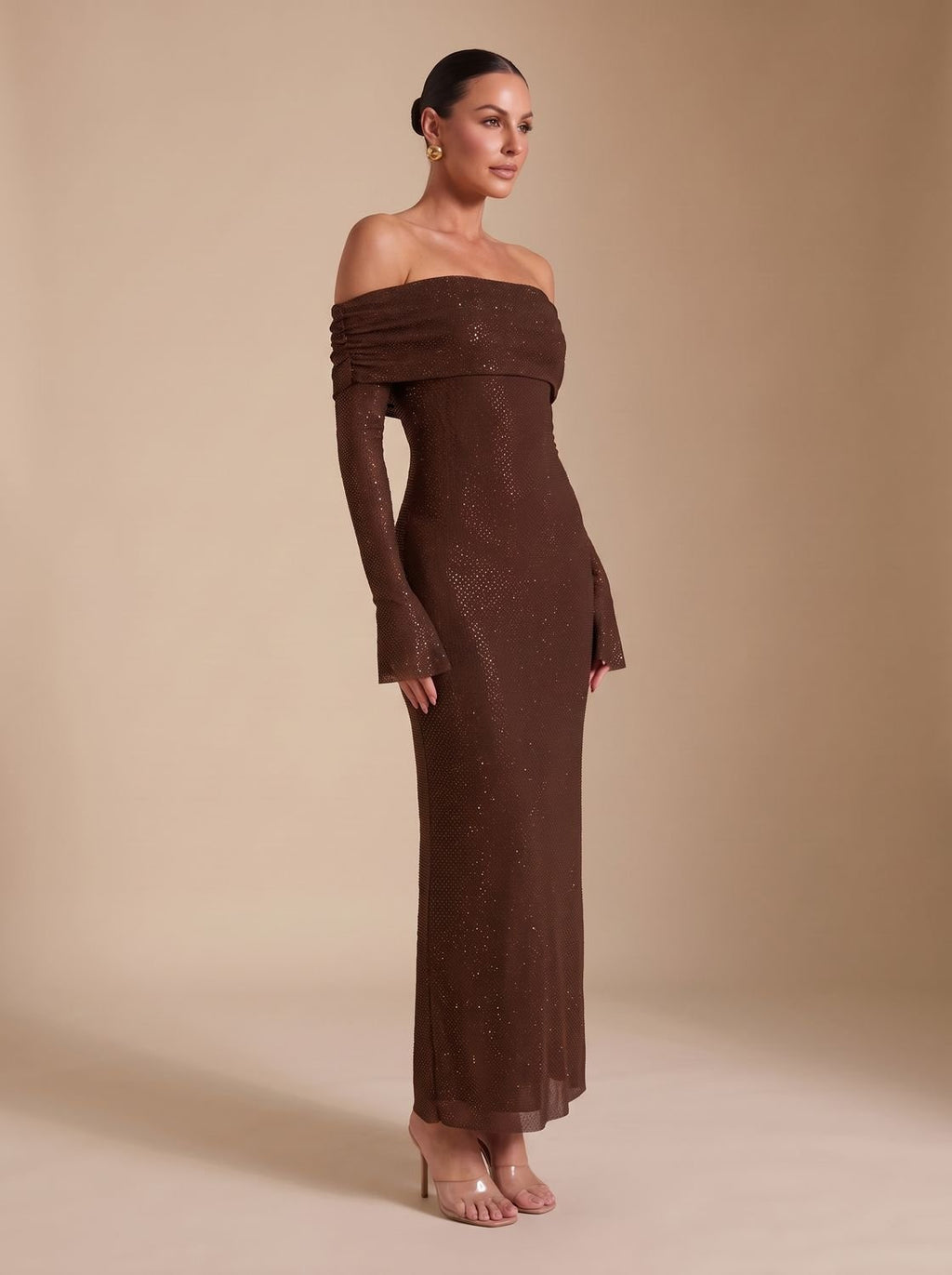Maxikleid Damen mit schulterfreiem Schnitt und langen Ärmeln für elegante Anlässe - 4 - Annoboutique