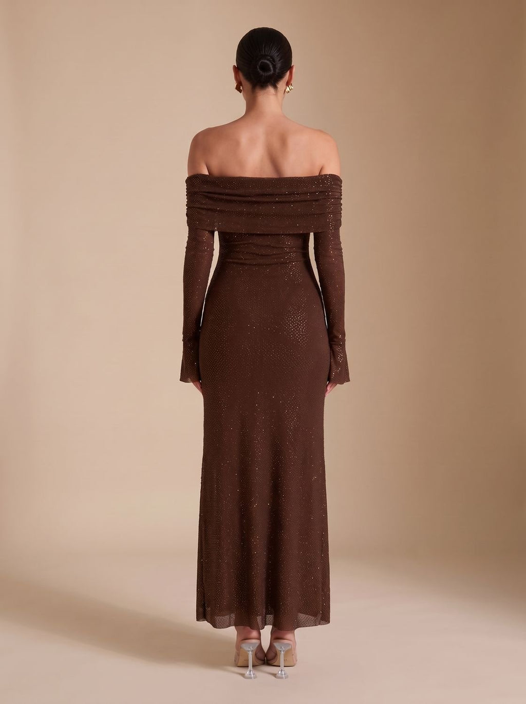 Maxikleid Damen mit schulterfreiem Schnitt und langen Ärmeln für elegante Anlässe - 7 - Annoboutique