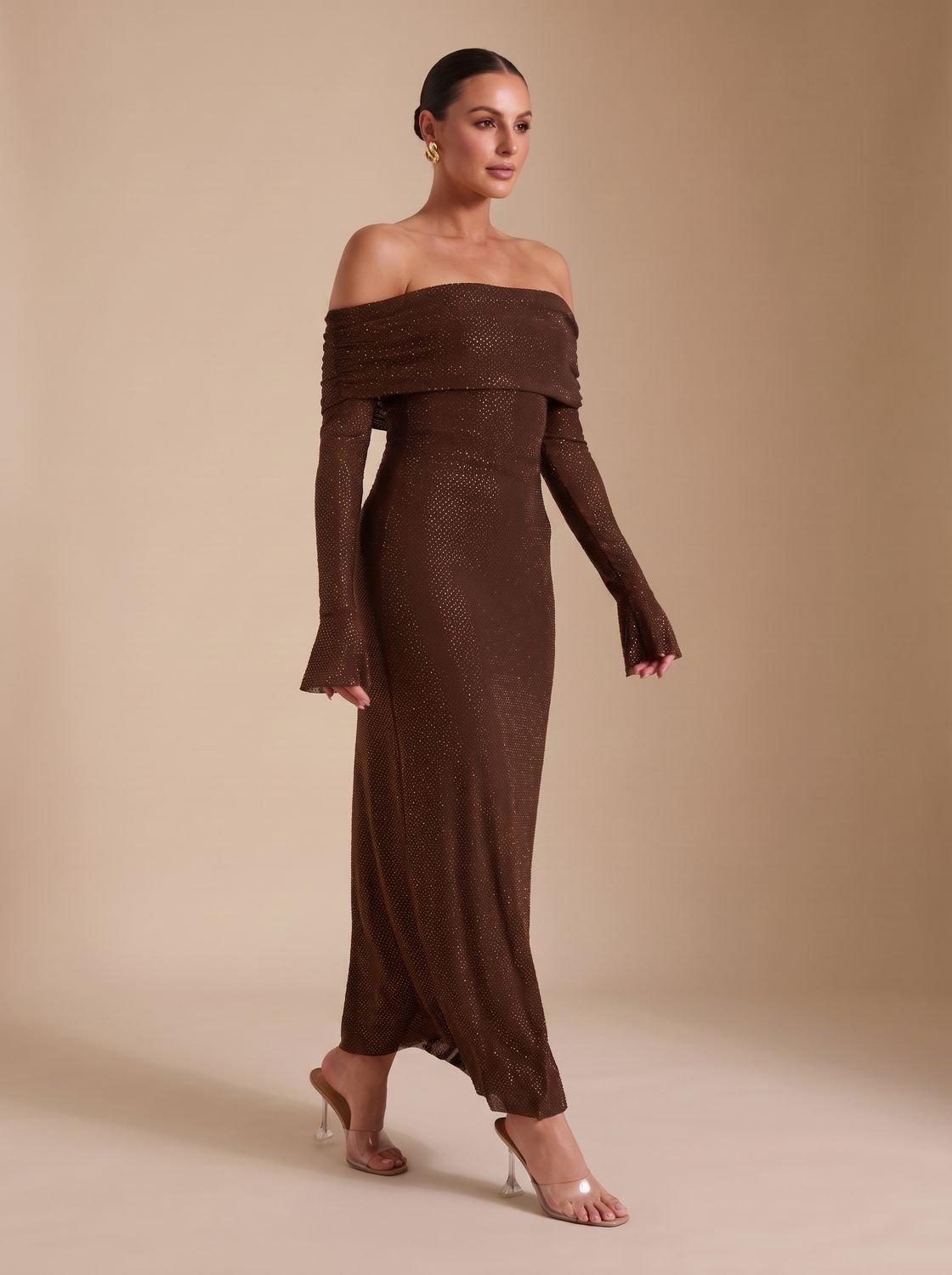 Maxikleid Damen mit schulterfreiem Schnitt und langen Ärmeln für elegante Anlässe - 8 - Annoboutique