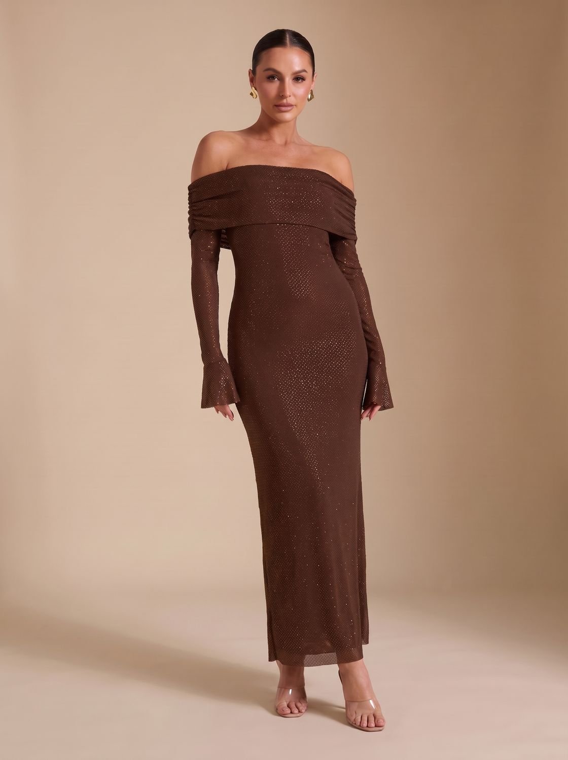 Maxikleid Damen mit schulterfreiem Schnitt und langen Ärmeln für elegante Anlässe - 9 - Annoboutique