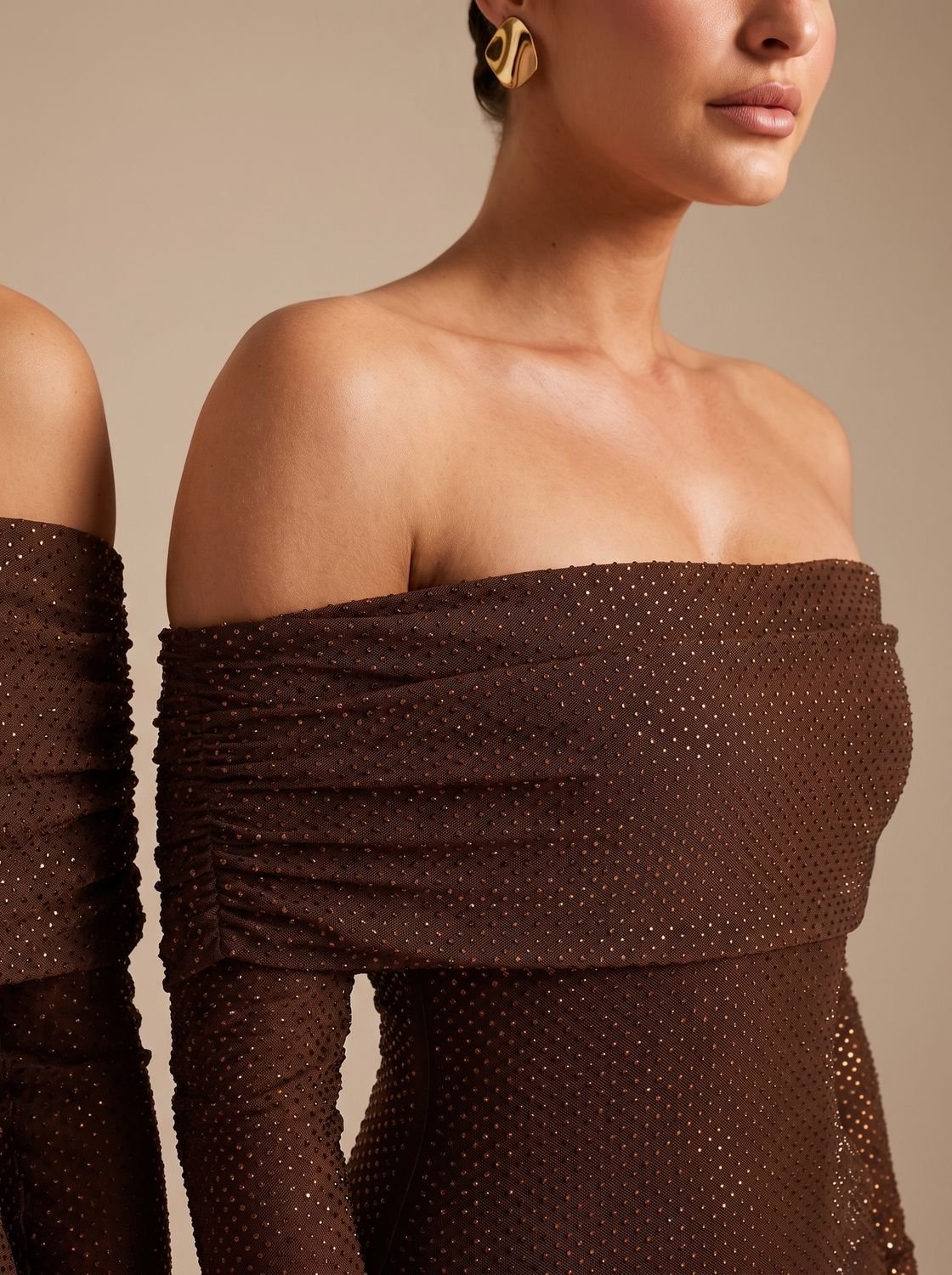 Maxikleid Damen mit schulterfreiem Schnitt und langen Ärmeln für elegante Anlässe - 10 - Annoboutique