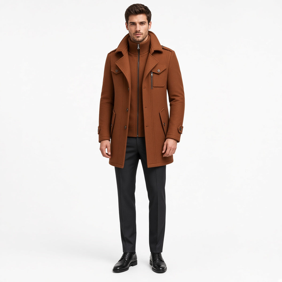 Wollmantel Damen mit hohem Kragen und funktionalen Taschen - 3 - Annoboutique