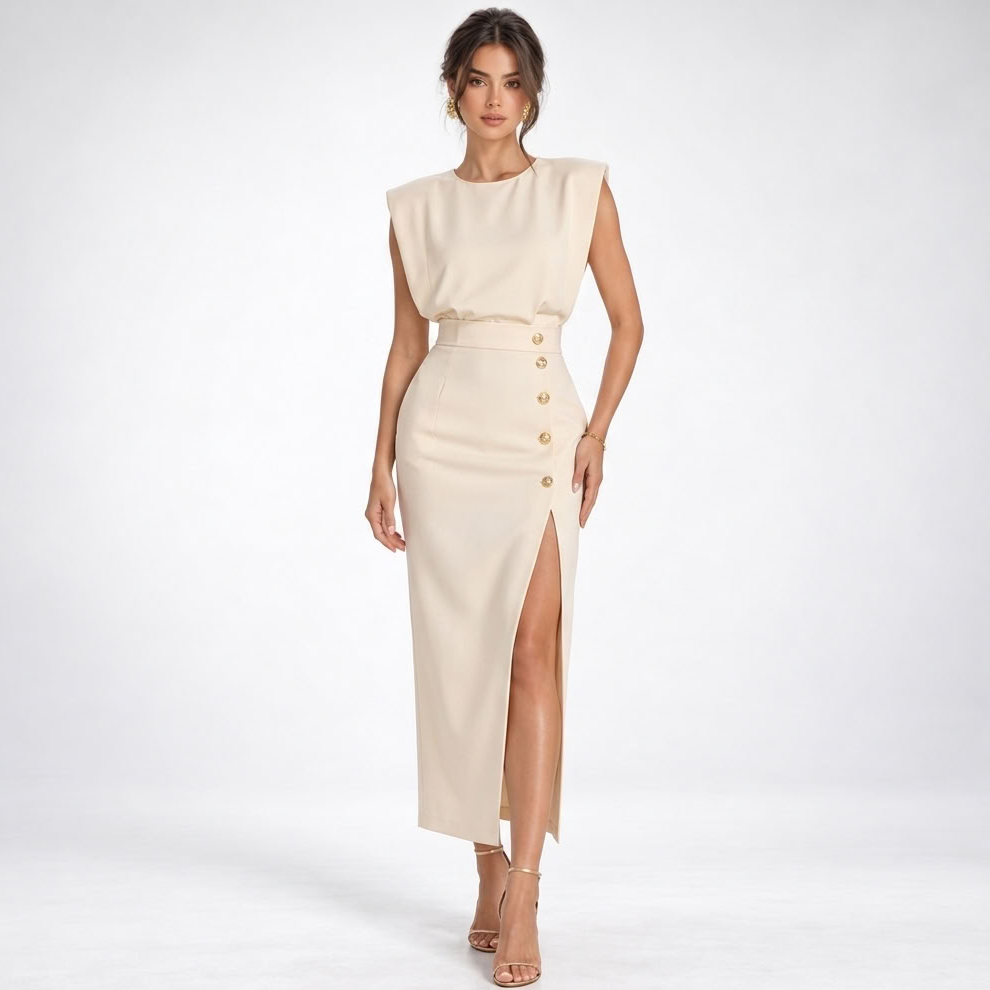 Midi Kleid Damen mit figurbetontem Schnitt und seitlichem Schlitz - 1 - Annoboutique
