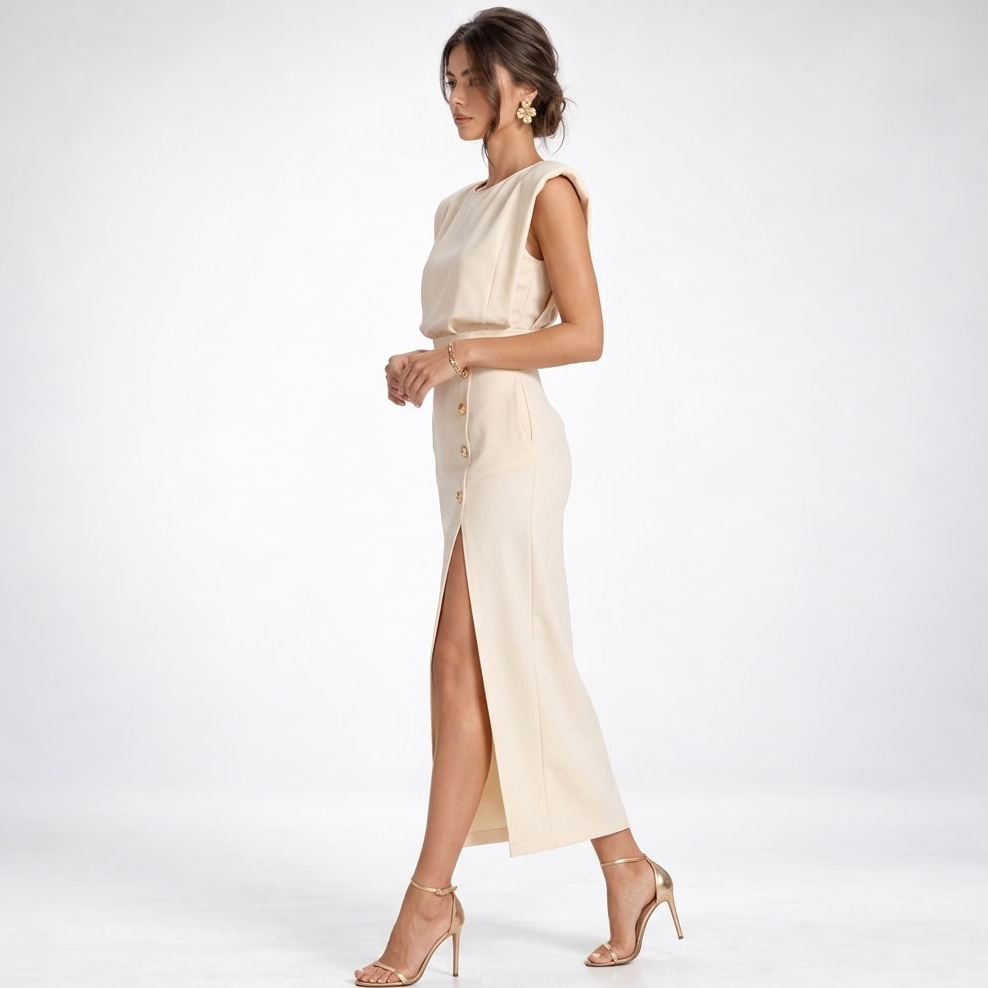 Midi Kleid Damen mit figurbetontem Schnitt und seitlichem Schlitz - 3 - Annoboutique