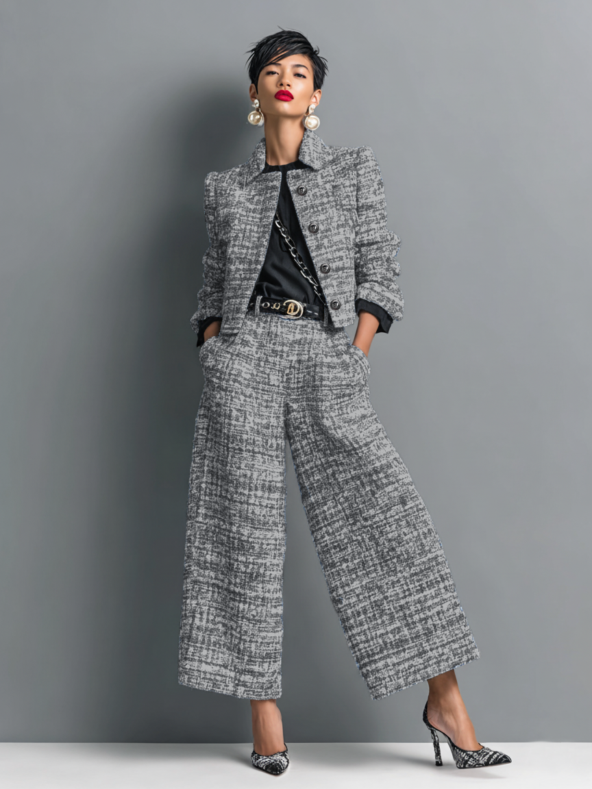 Elegantes Damen Outfit mit taillierter Jacke und weit geschnittenen Hosen - 1 - Annoboutique