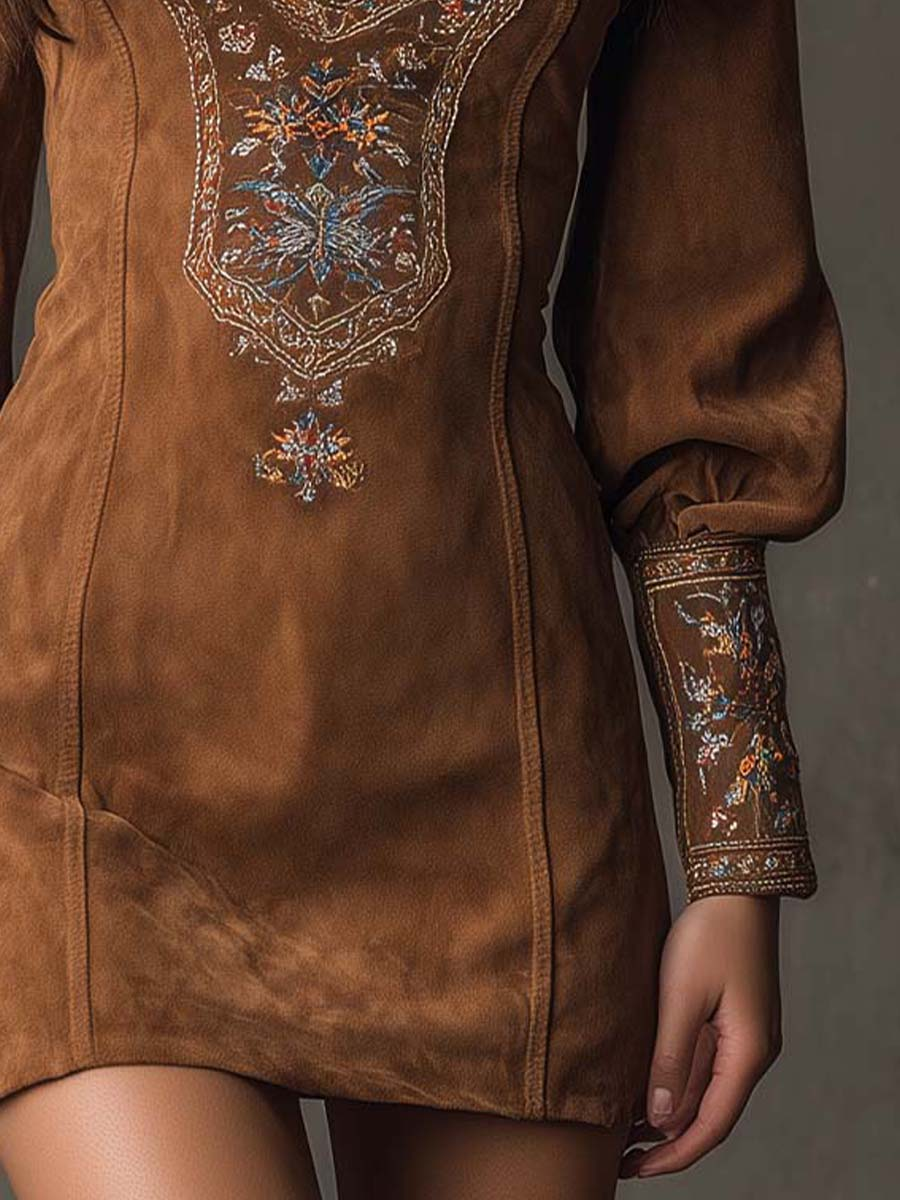 Mini Kleid Damen mit V-Ausschnitt und Puffärmeln, florale Details - 6 - Annoboutique
