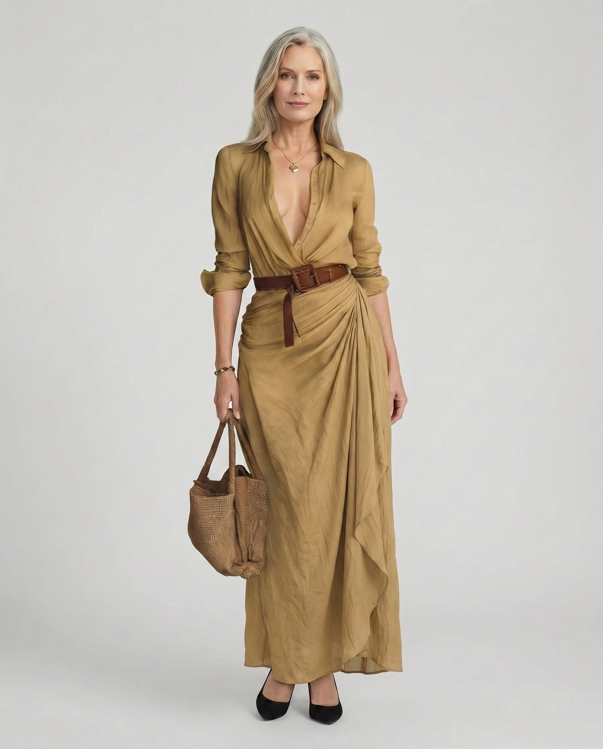 Maxikleid Damen mit Wickelschnitt und tailliertem Design - 1 - Annoboutique