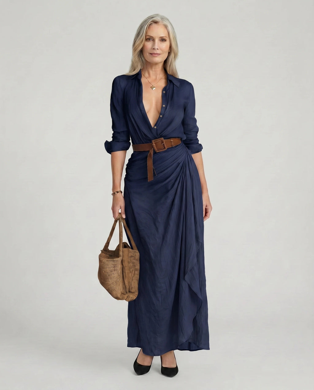 Maxikleid Damen mit Wickelschnitt und tailliertem Design - 3 - Annoboutique