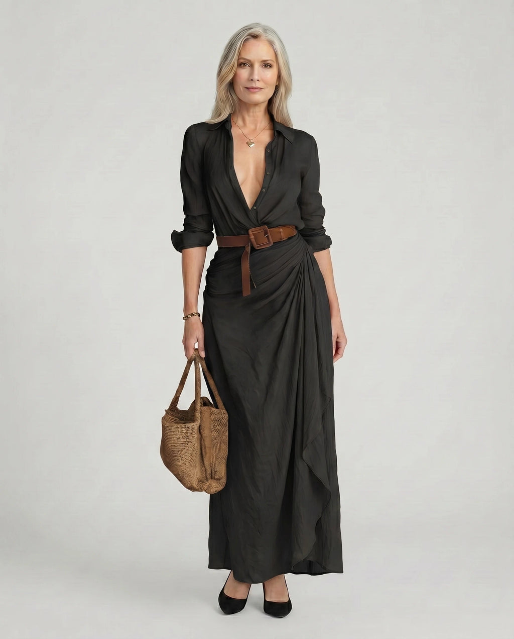 Maxikleid Damen mit Wickelschnitt und tailliertem Design - 5 - Annoboutique