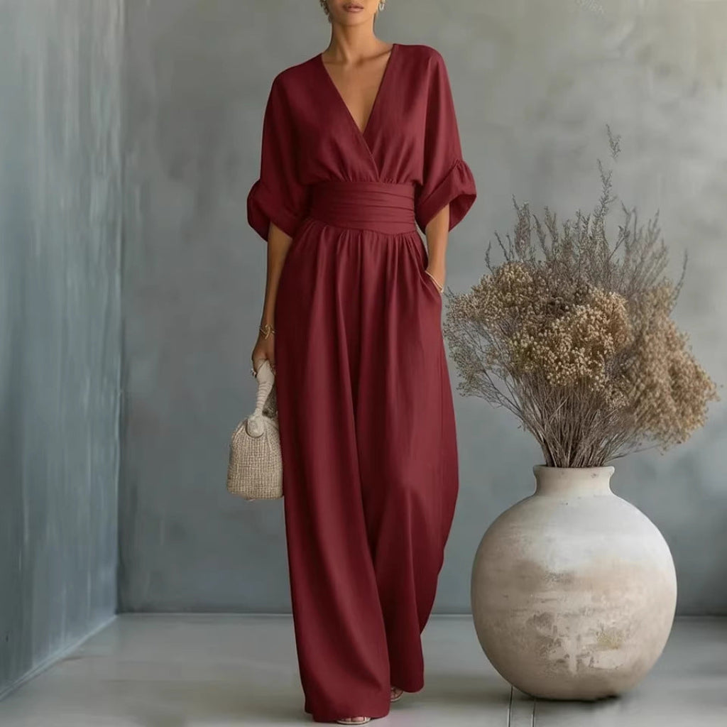 Jumpsuit Damen mit V-Ausschnitt und eleganter, lockerer Passform - 1 - Annoboutique