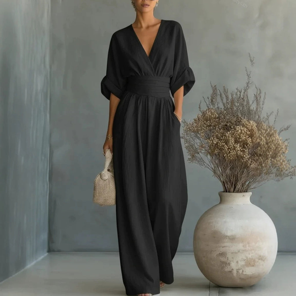 Jumpsuit Damen mit V-Ausschnitt und eleganter, lockerer Passform - 3 - Annoboutique