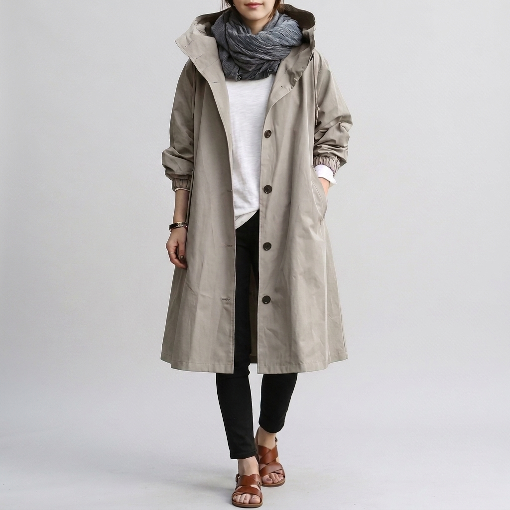 Damen Trenchcoat mit Kapuze und tailliertem Schnitt - 2 - Annoboutique