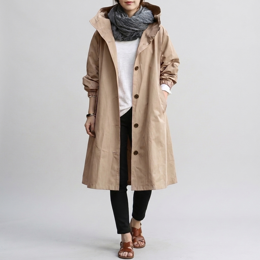 Damen Trenchcoat mit Kapuze und tailliertem Schnitt - 3 - Annoboutique
