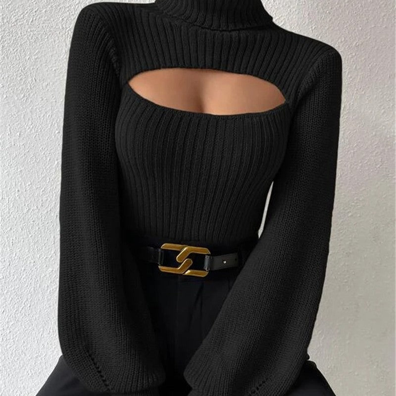 Stylischer Pullover Damen mit hohem Kragen und Cut-Outs - 13 - Annoboutique