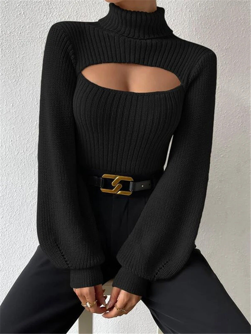 Stylischer Pullover Damen mit hohem Kragen und Cut-Outs - 14 - Annoboutique