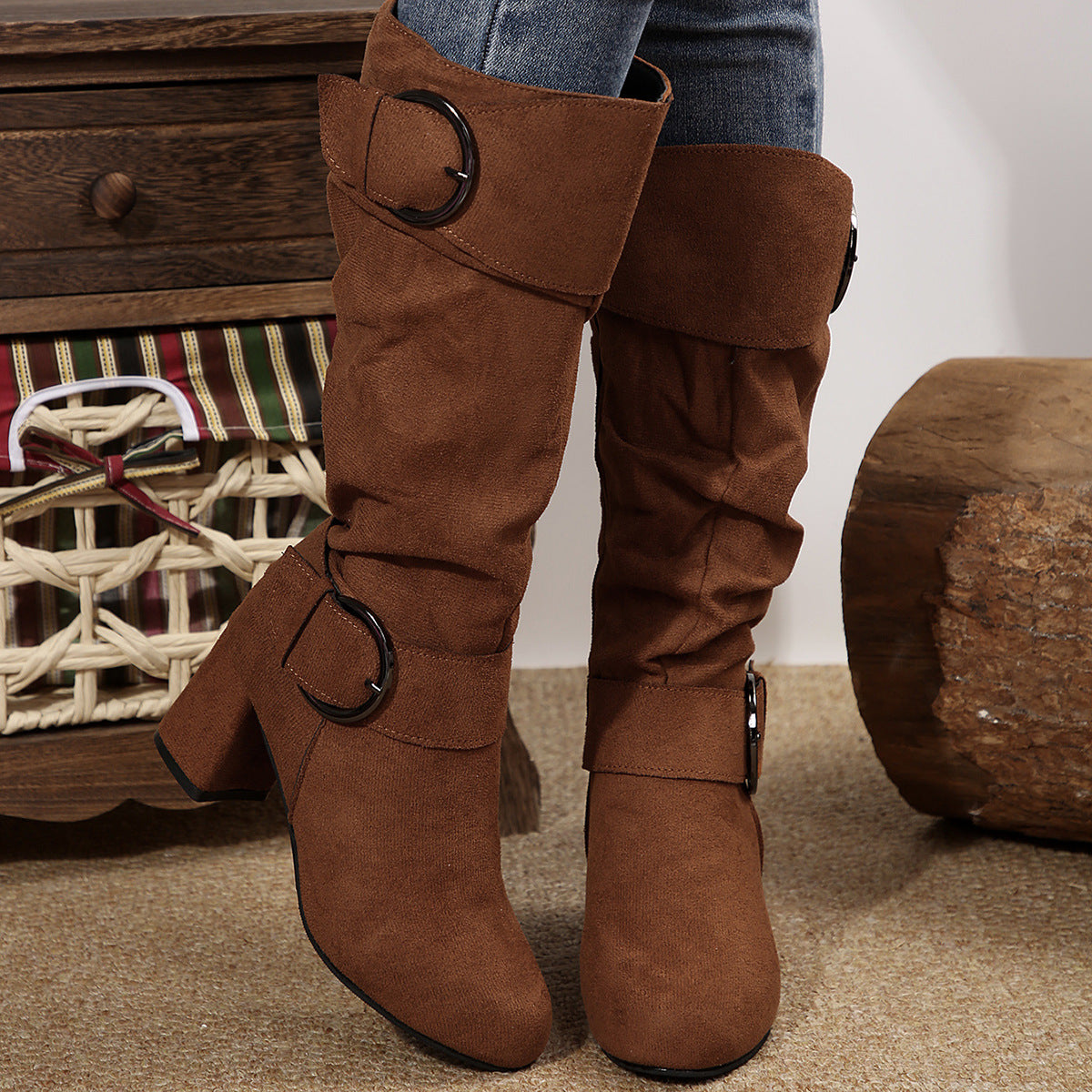 Stiefel Damen mit modischer Schnalle und Blockabsatz - 8 - Annoboutique