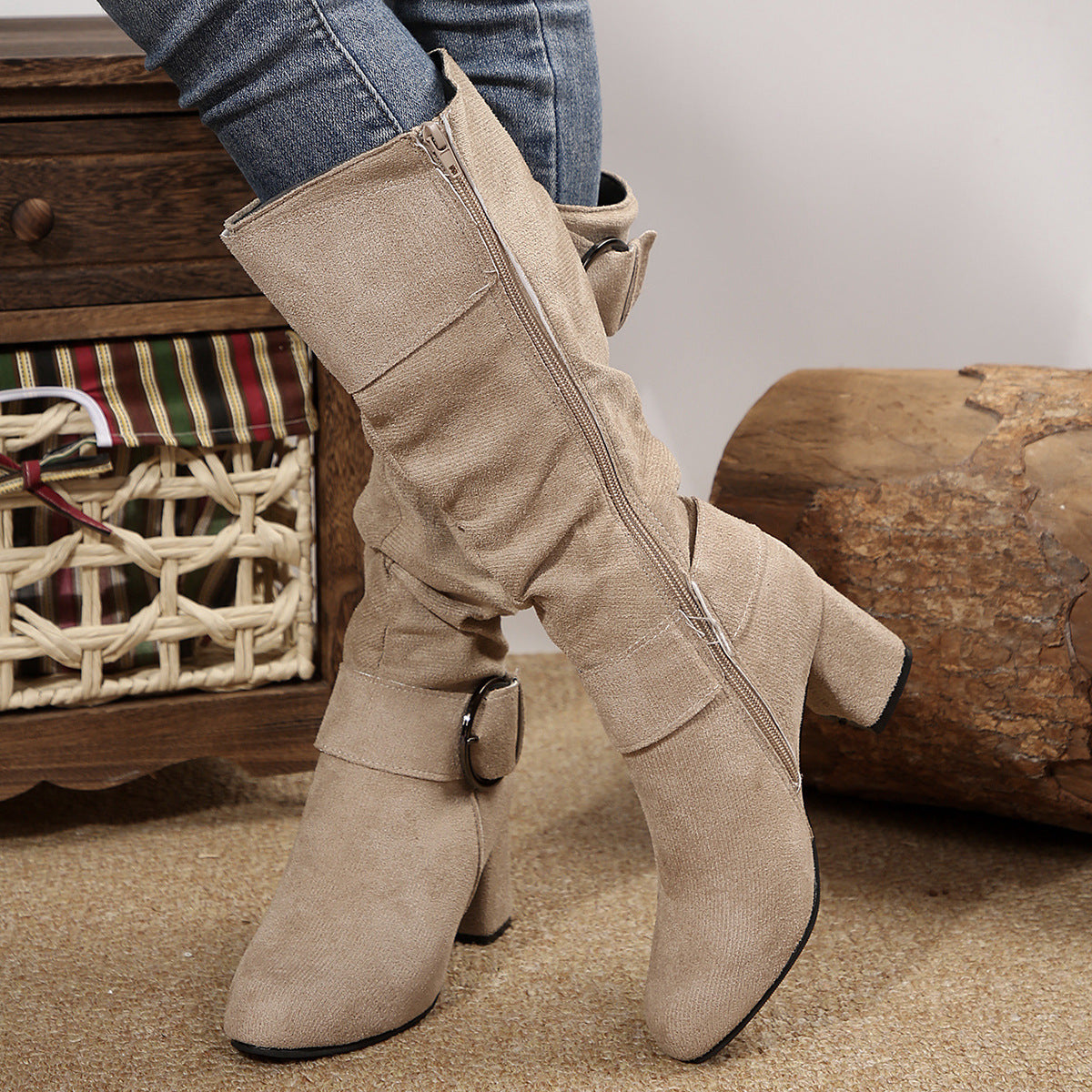 Stiefel Damen mit modischer Schnalle und Blockabsatz - 9 - Annoboutique