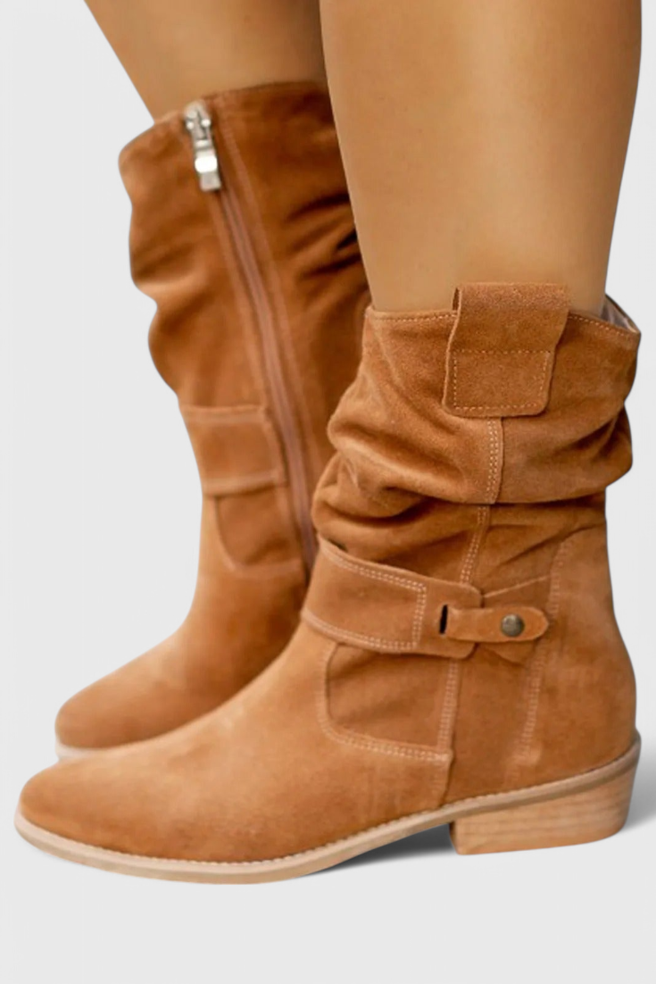 Damen Stiefeletten mit Raffung und modischem Riemen - 1 - Annoboutique