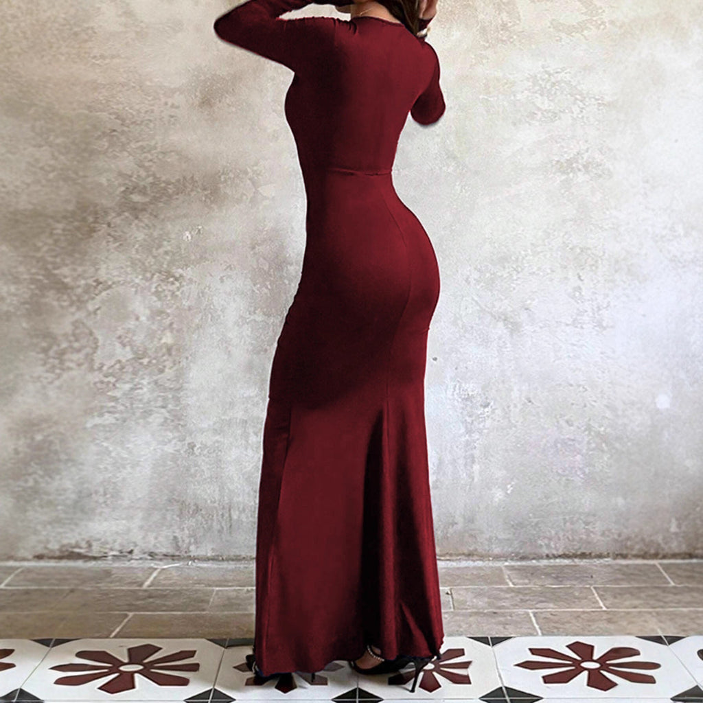 Abendkleid Damen mit langen Ärmeln und asymmetrischem Volant - 3 - Annoboutique