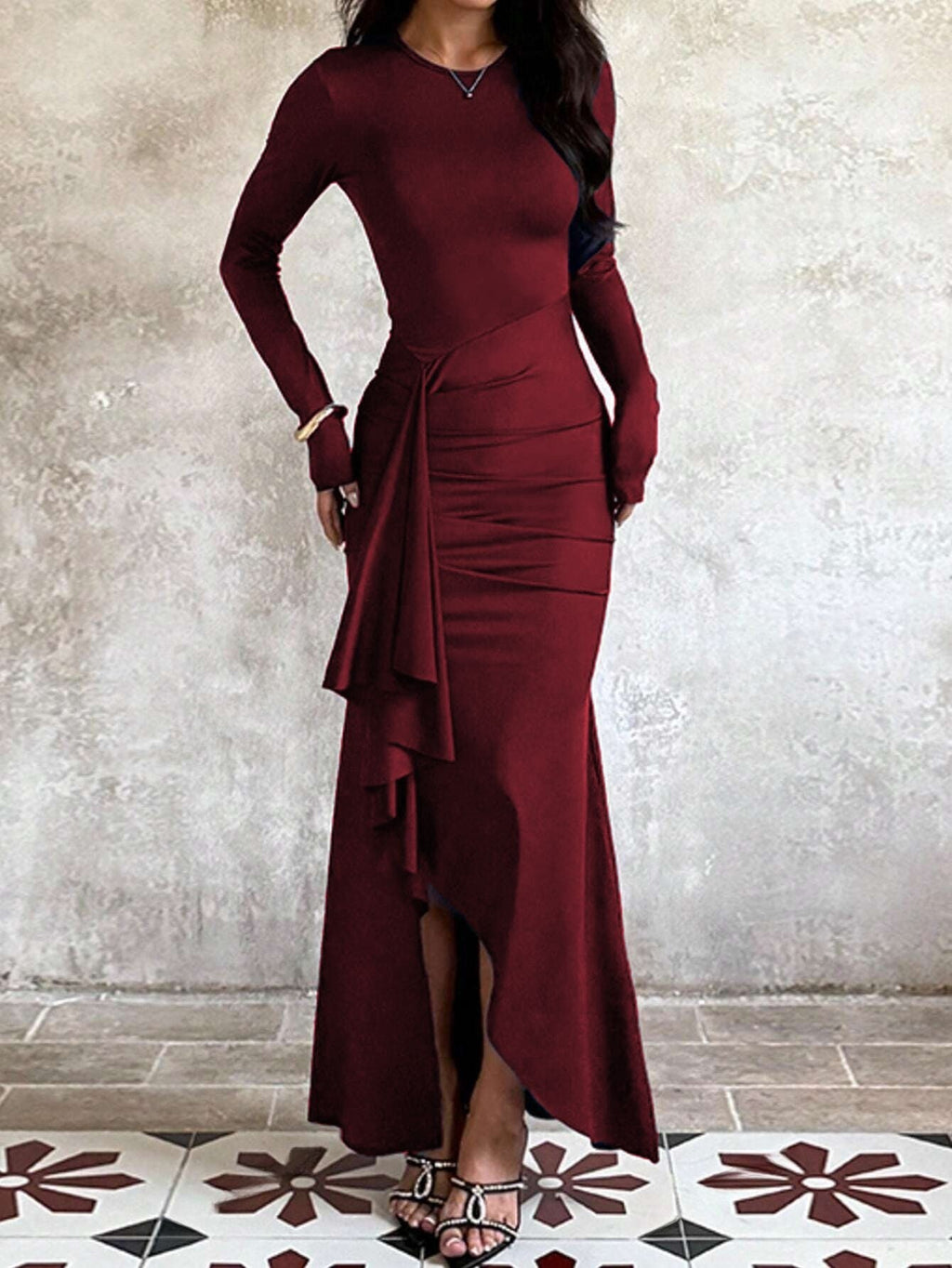 Abendkleid Damen mit langen Ärmeln und asymmetrischem Volant - 6 - Annoboutique