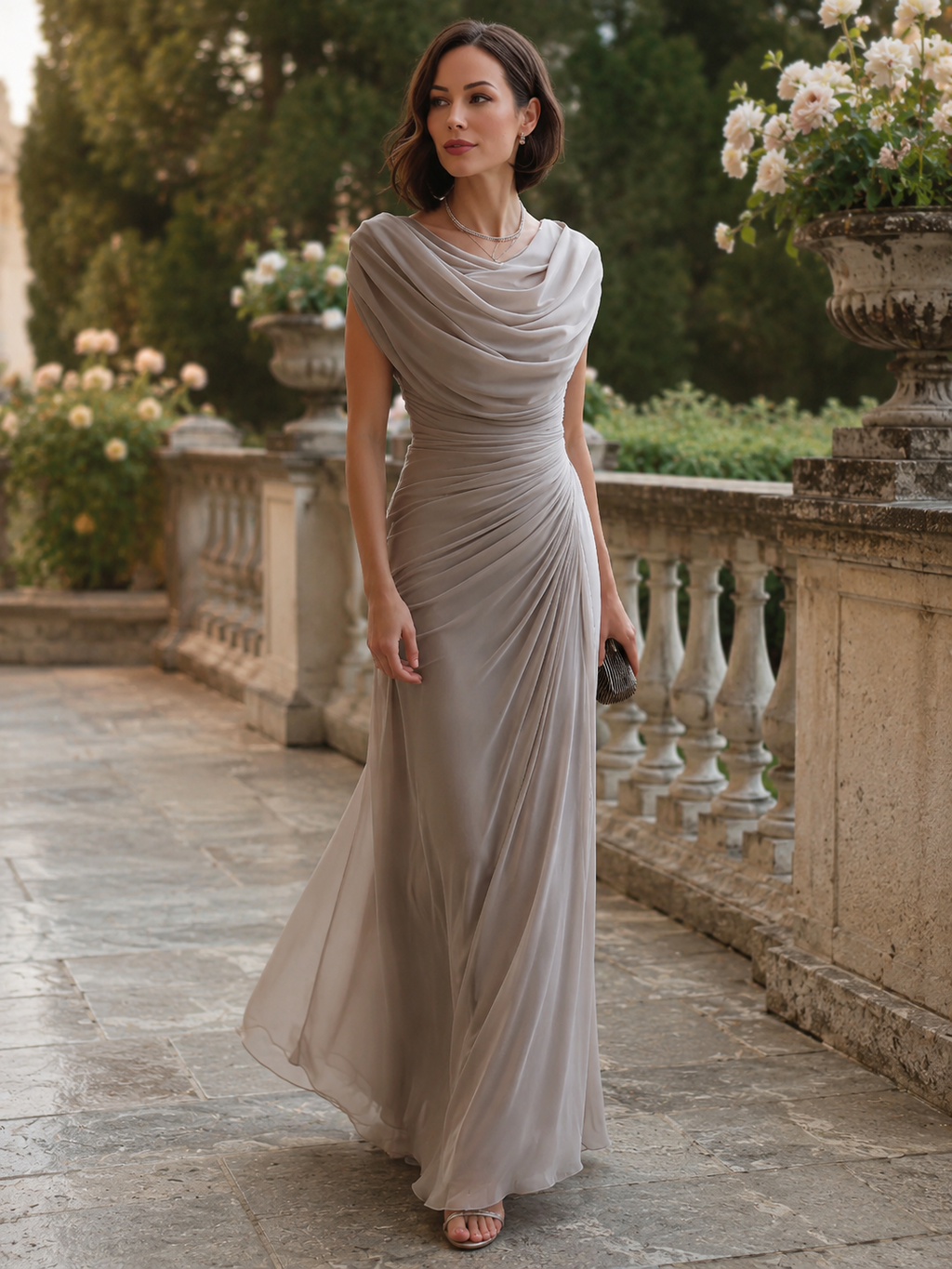 Elegantes Abendkleid Damen mit Wickeloptik und fließendem Wasserfallausschnitt - 1 - Annoboutique