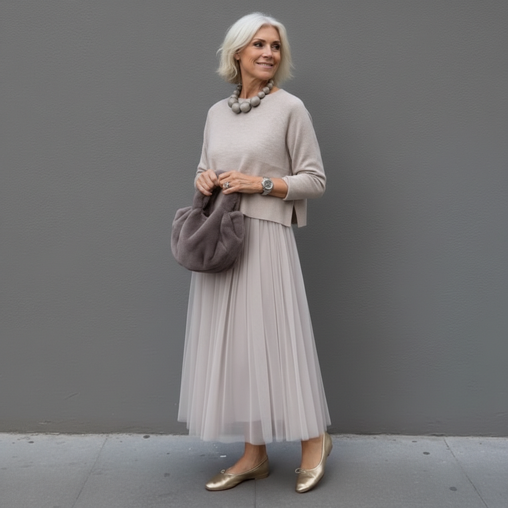 Midi Kleid Damen mit Plisseerock und Rundhalsausschnitt - 1 - Annoboutique