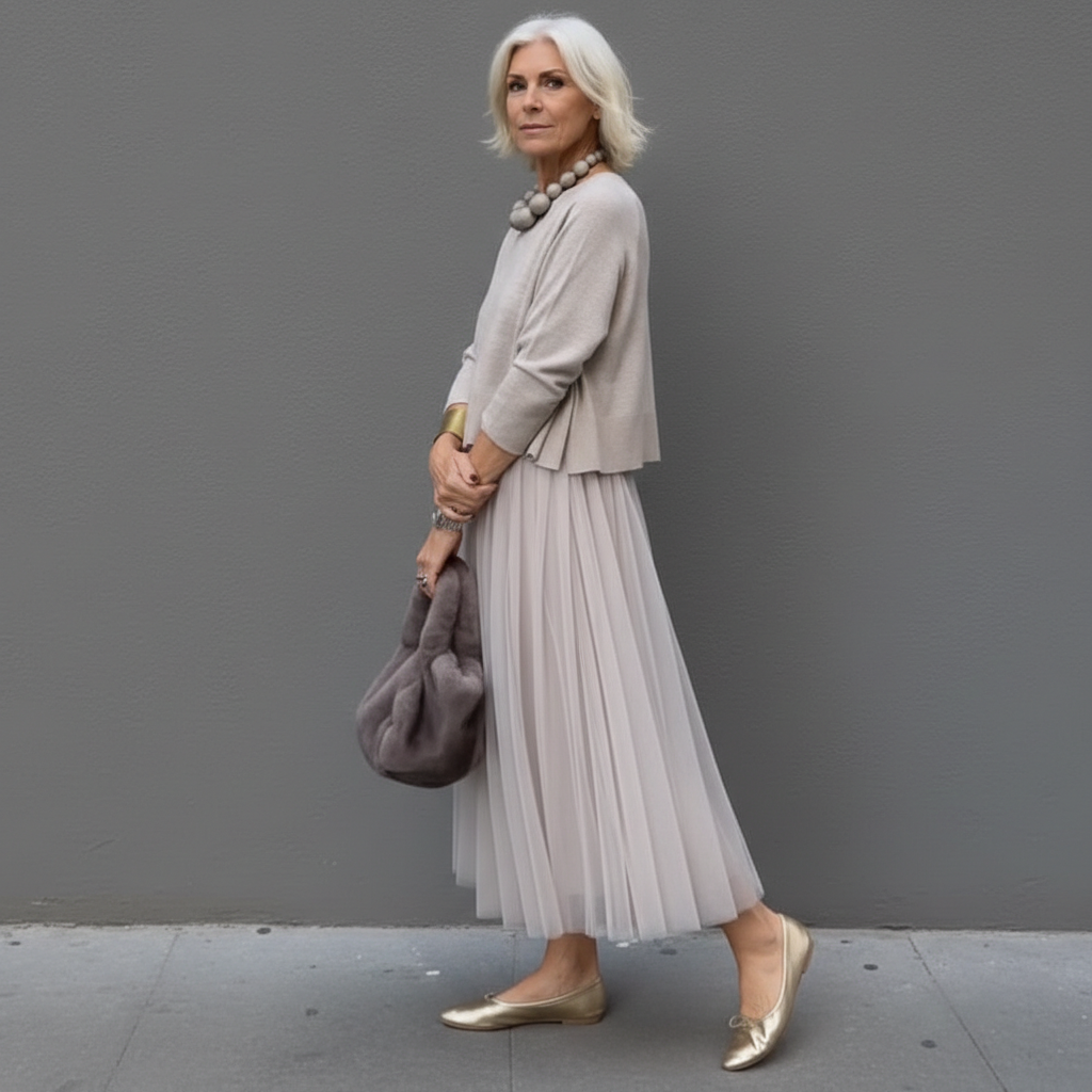 Midi Kleid Damen mit Plisseerock und Rundhalsausschnitt - 2 - Annoboutique