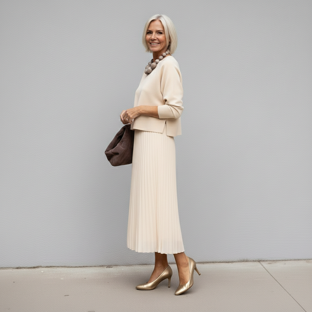 Midi Kleid Damen mit Plisseerock und Rundhalsausschnitt - 5 - Annoboutique