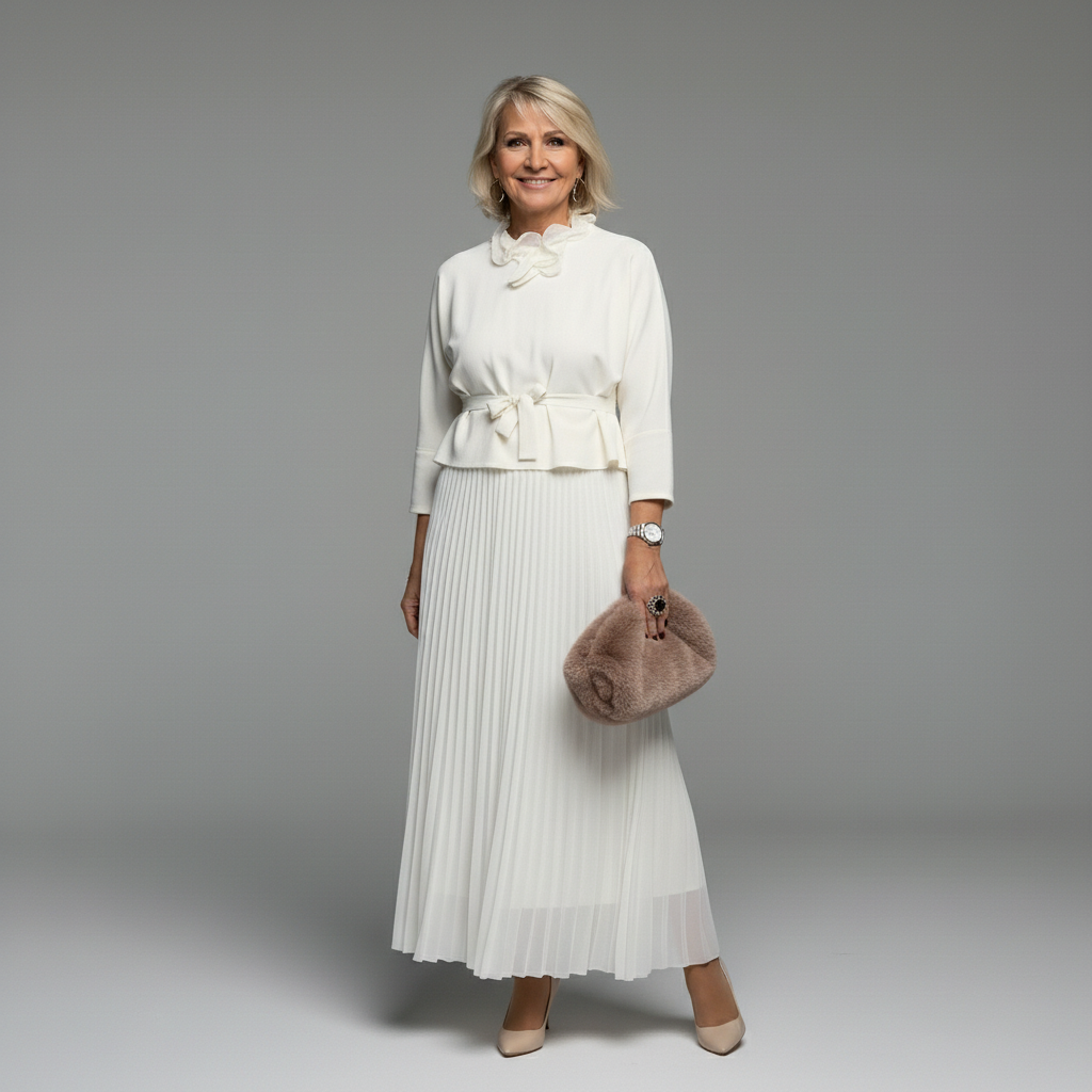 Midi Kleid Damen mit Plisseerock und Rundhalsausschnitt - 9 - Annoboutique