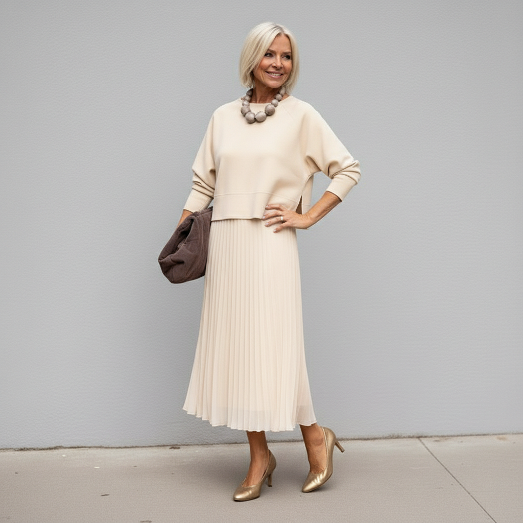 Midi Kleid Damen mit Plisseerock und Rundhalsausschnitt - 12 - Annoboutique