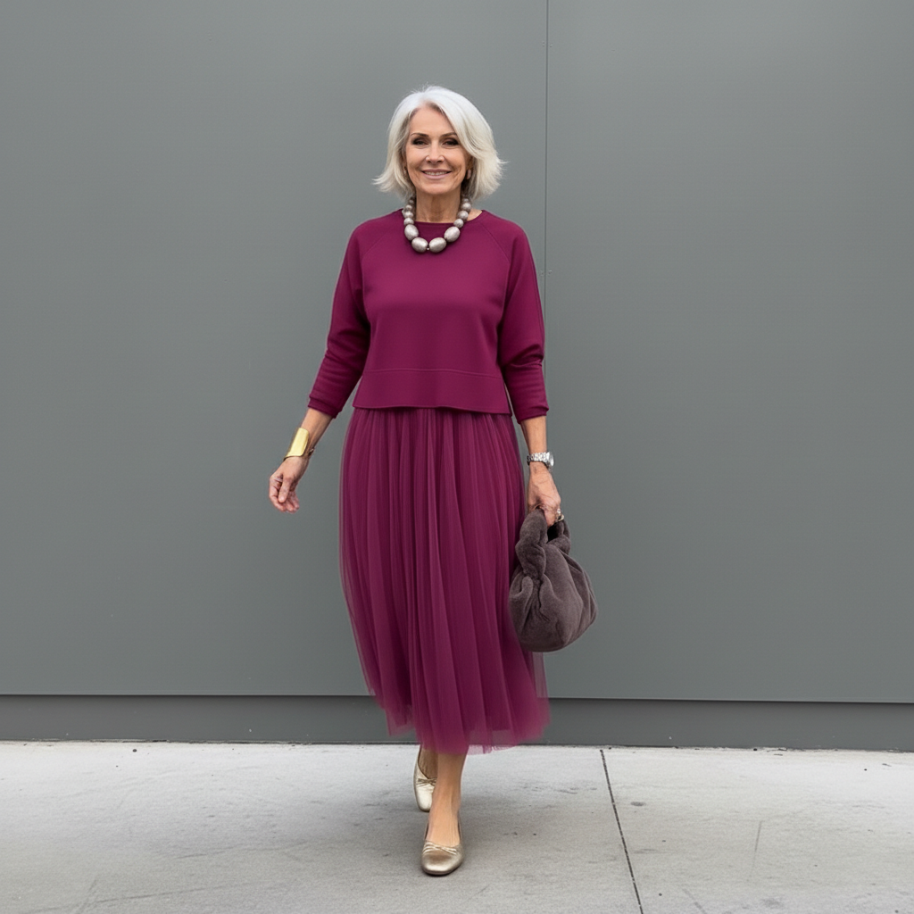 Midi Kleid Damen mit Plisseerock und Rundhalsausschnitt - 13 - Annoboutique