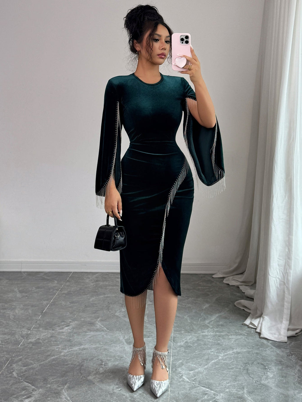 Abendkleid Damen mit Wickelschnitt und Fransenärmel - 1 - Annoboutique