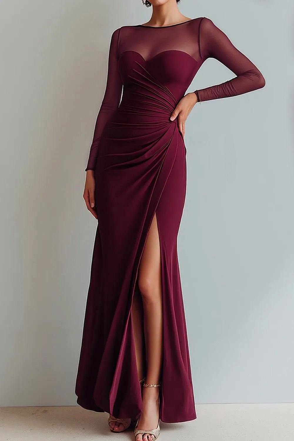 Abendkleid Damen mit Wickel-Design und V-Ausschnitt, langarm - 3 - Annoboutique