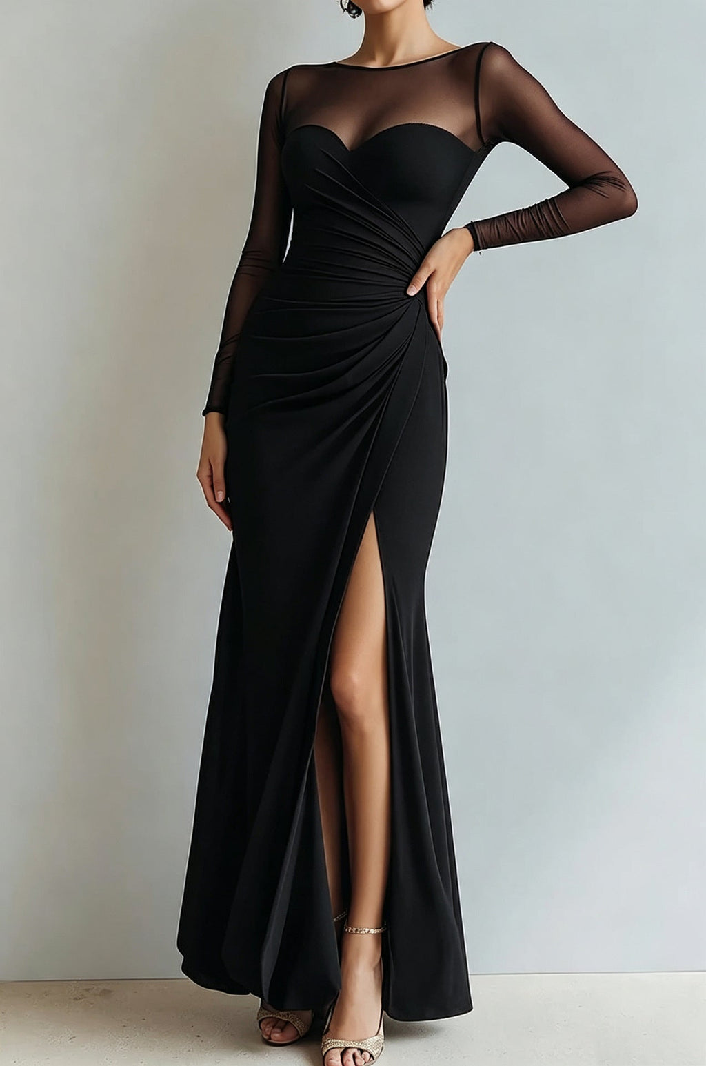 Abendkleid Damen mit Wickel-Design und V-Ausschnitt, langarm - 9 - Annoboutique