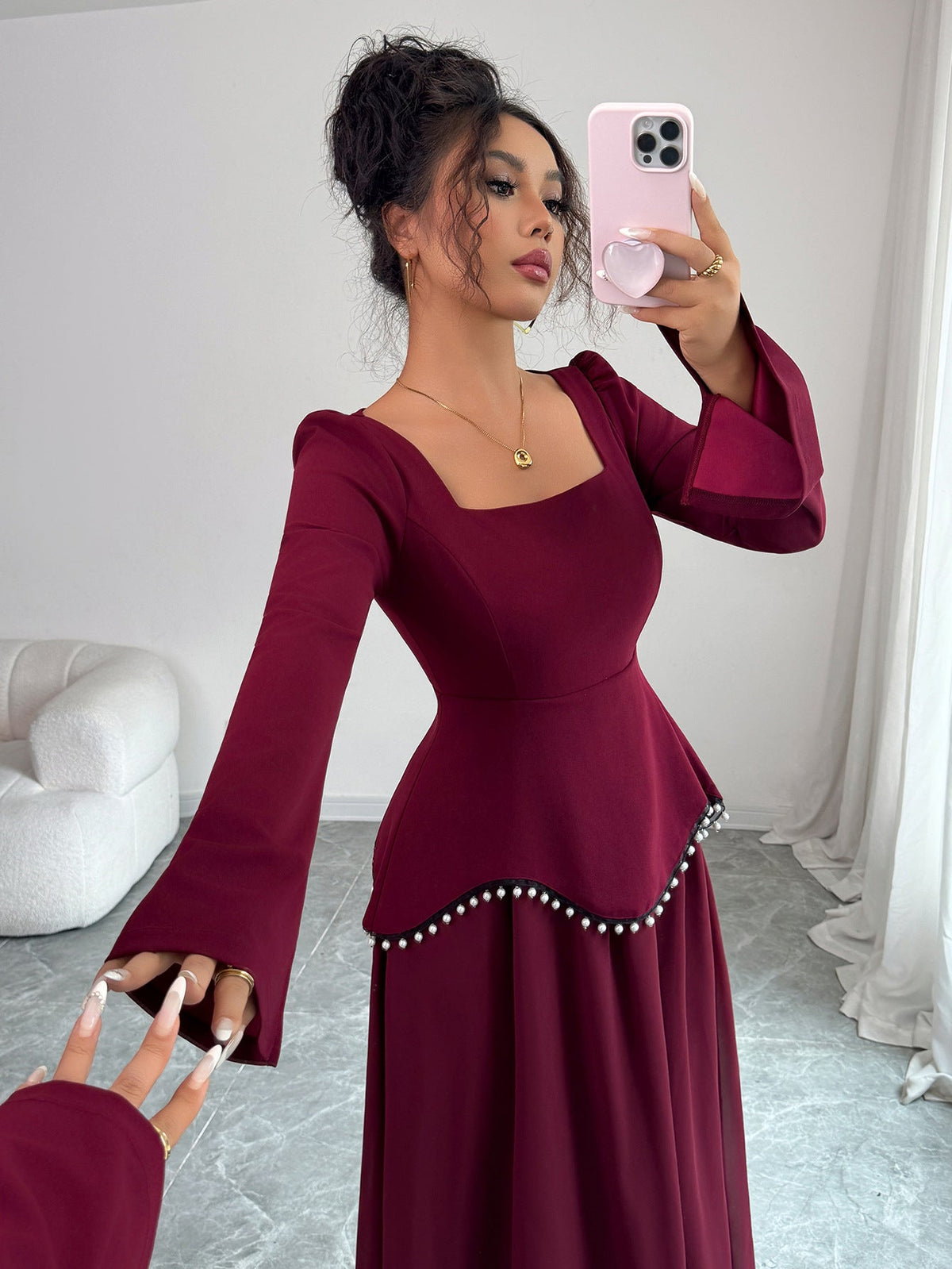Maxikleid Damen mit quadratischem Ausschnitt und schwingenden Ärmeln - 4 - Annoboutique