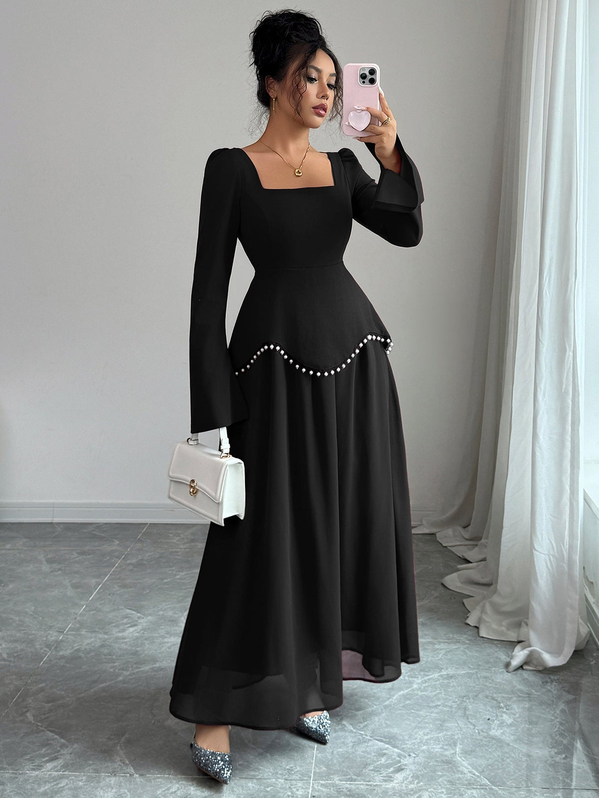 Maxikleid Damen mit quadratischem Ausschnitt und schwingenden Ärmeln - 10 - Annoboutique