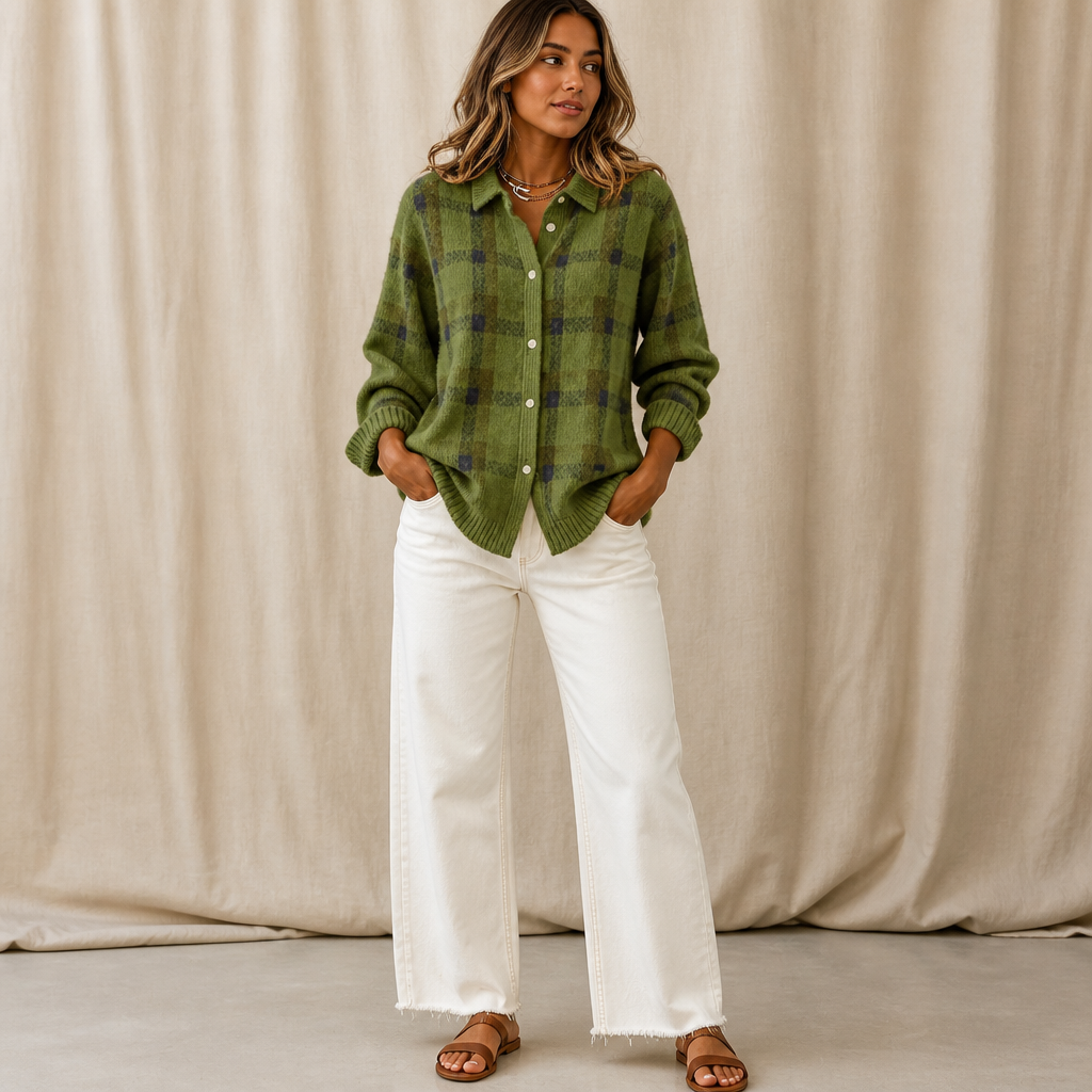 Damen Cardigan mit kariertem Design und Stehkragen - 6 - Annoboutique